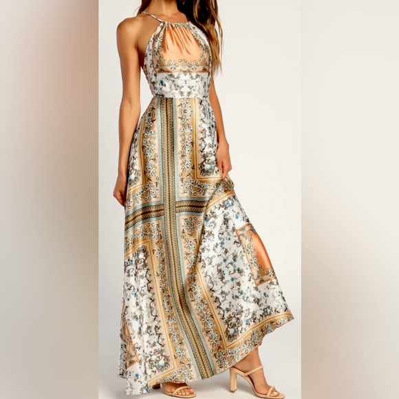 Lulu’s Divinely Inspired White Scarf Print Satin Backless Maxi Dress, Size M - Picture 1 of 15